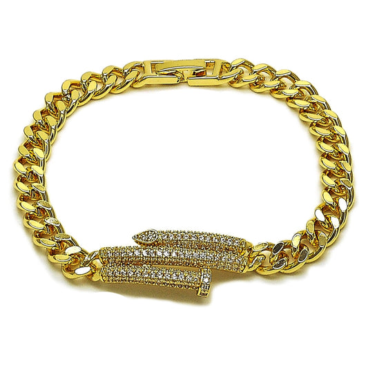 Oro Laminado Fancy Bracelet, Gold Filled Style Nail and Miami Cuban Design, with White Micro Pave, Polished, Golden Finish