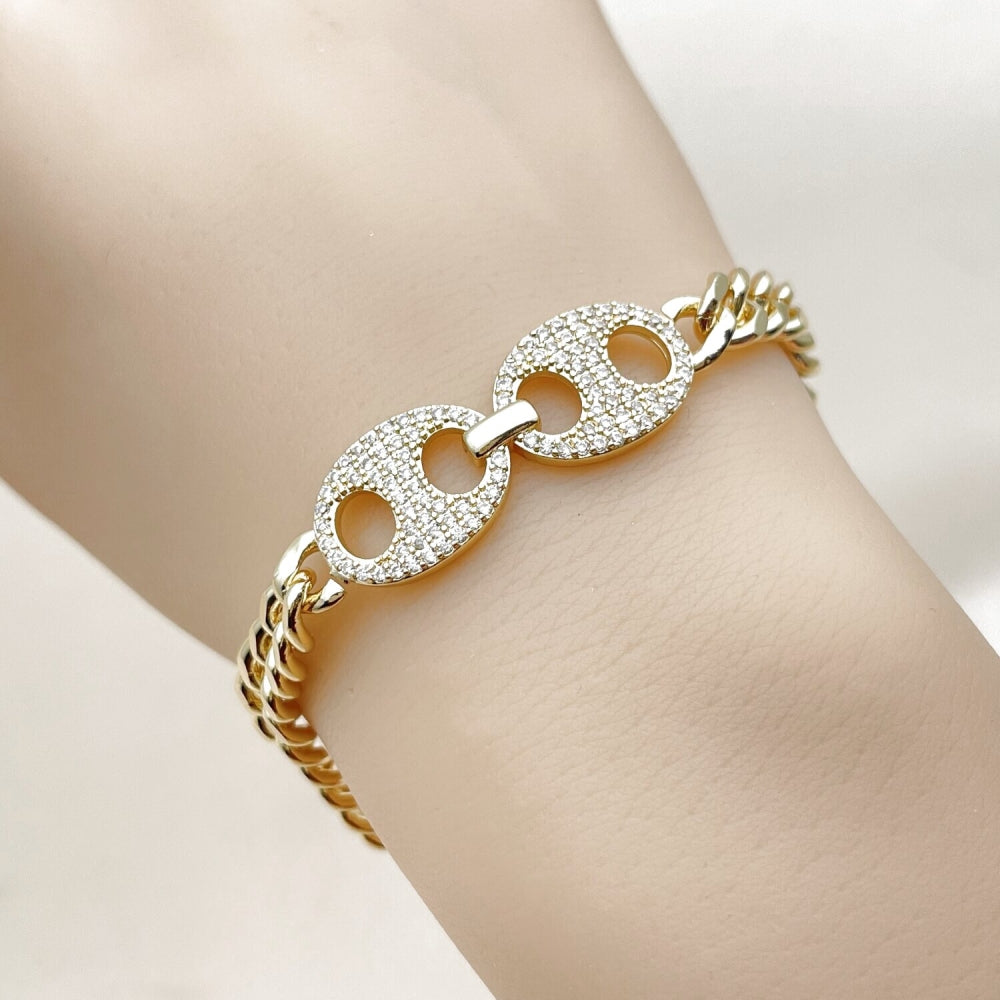 Oro Laminado Fancy Bracelet, Gold Filled Style Puff Mariner and Miami Cuban Design, with White Micro Pave, Polished, Golden Finish