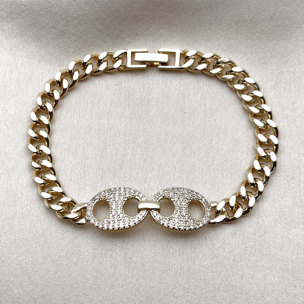 Oro Laminado Fancy Bracelet, Gold Filled Style Puff Mariner and Miami Cuban Design, with White Micro Pave, Polished, Golden Finish