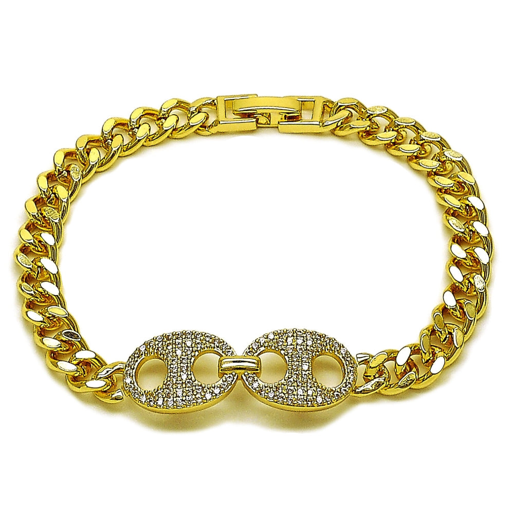 Oro Laminado Fancy Bracelet, Gold Filled Style Puff Mariner and Miami Cuban Design, with White Micro Pave, Polished, Golden Finish