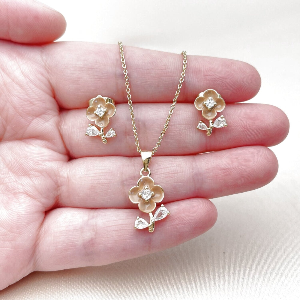 Oro Laminado Earring and Pendant Adult Set, Gold Filled Style Flower and Teardrop Design, with White Cubic Zirconia, Brown Enamel Finish, Golden Finish