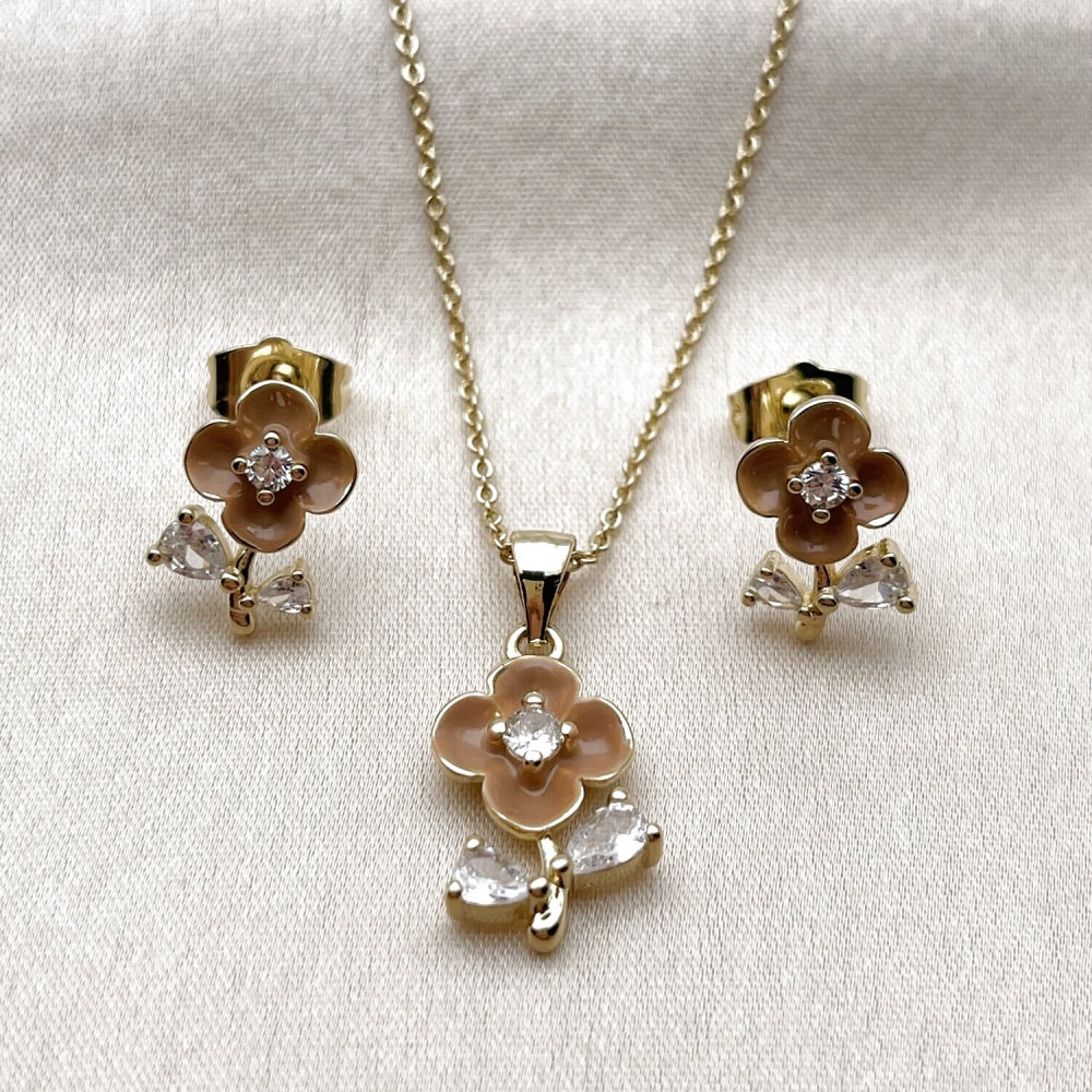 Oro Laminado Earring and Pendant Adult Set, Gold Filled Style Flower and Teardrop Design, with White Cubic Zirconia, Brown Enamel Finish, Golden Finish