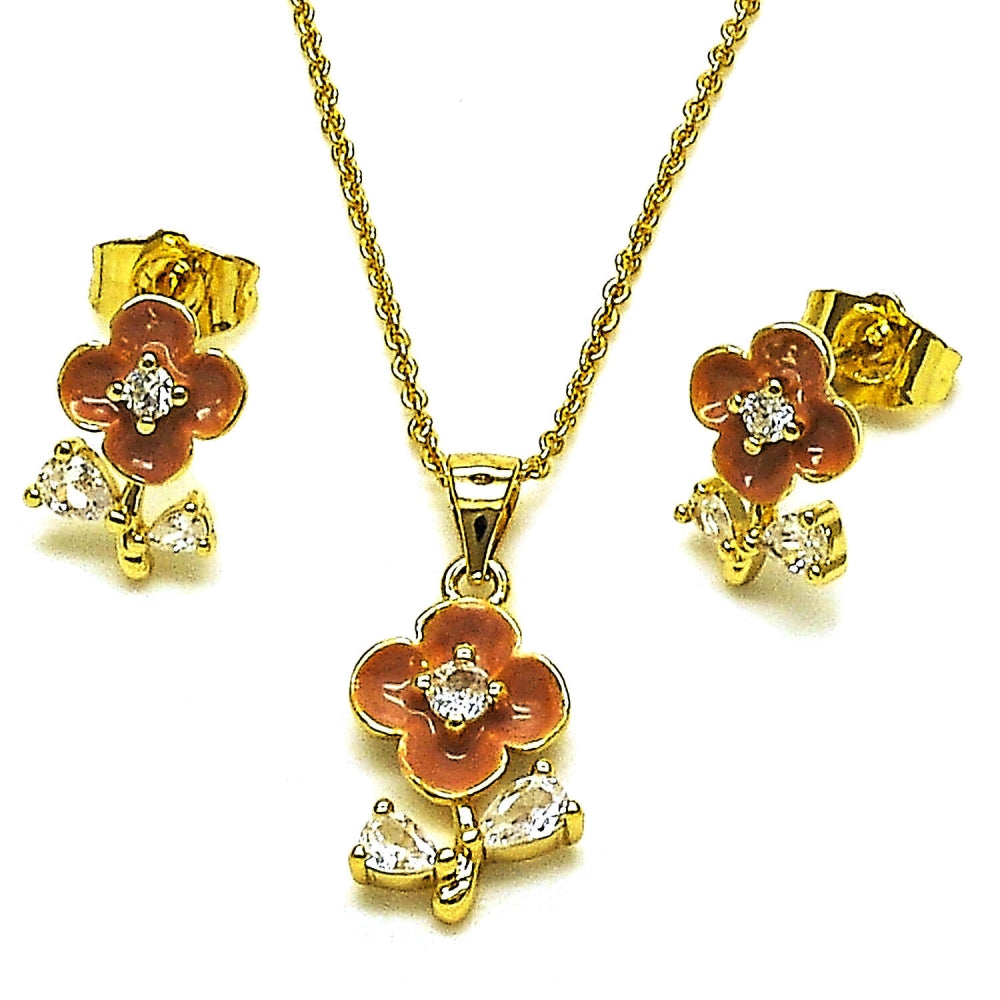 Oro Laminado Earring and Pendant Adult Set, Gold Filled Style Flower and Teardrop Design, with White Cubic Zirconia, Brown Enamel Finish, Golden Finish