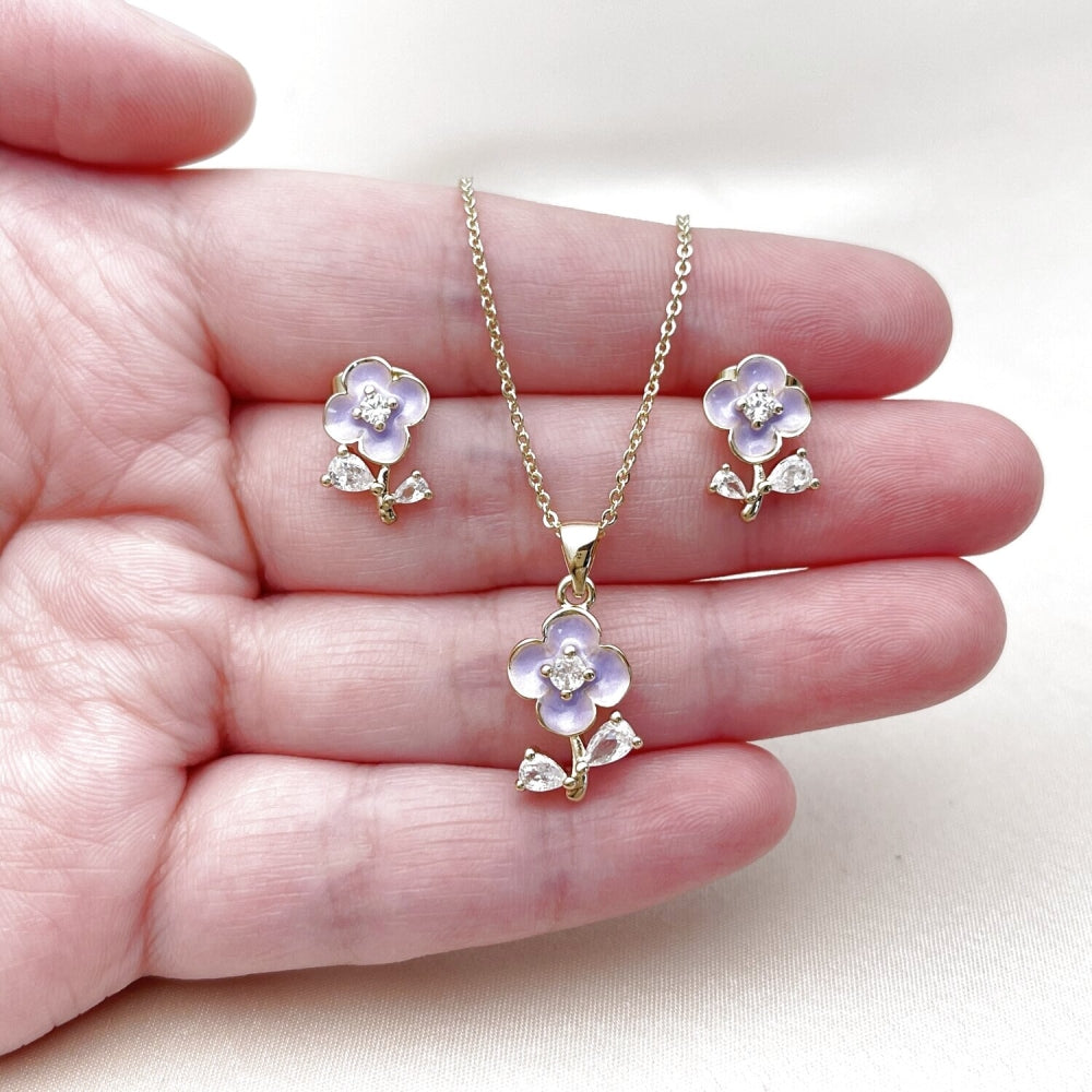 Oro Laminado Earring and Pendant Adult Set, Gold Filled Style Flower and Teardrop Design, with White Cubic Zirconia, Purple Enamel Finish, Golden Finish