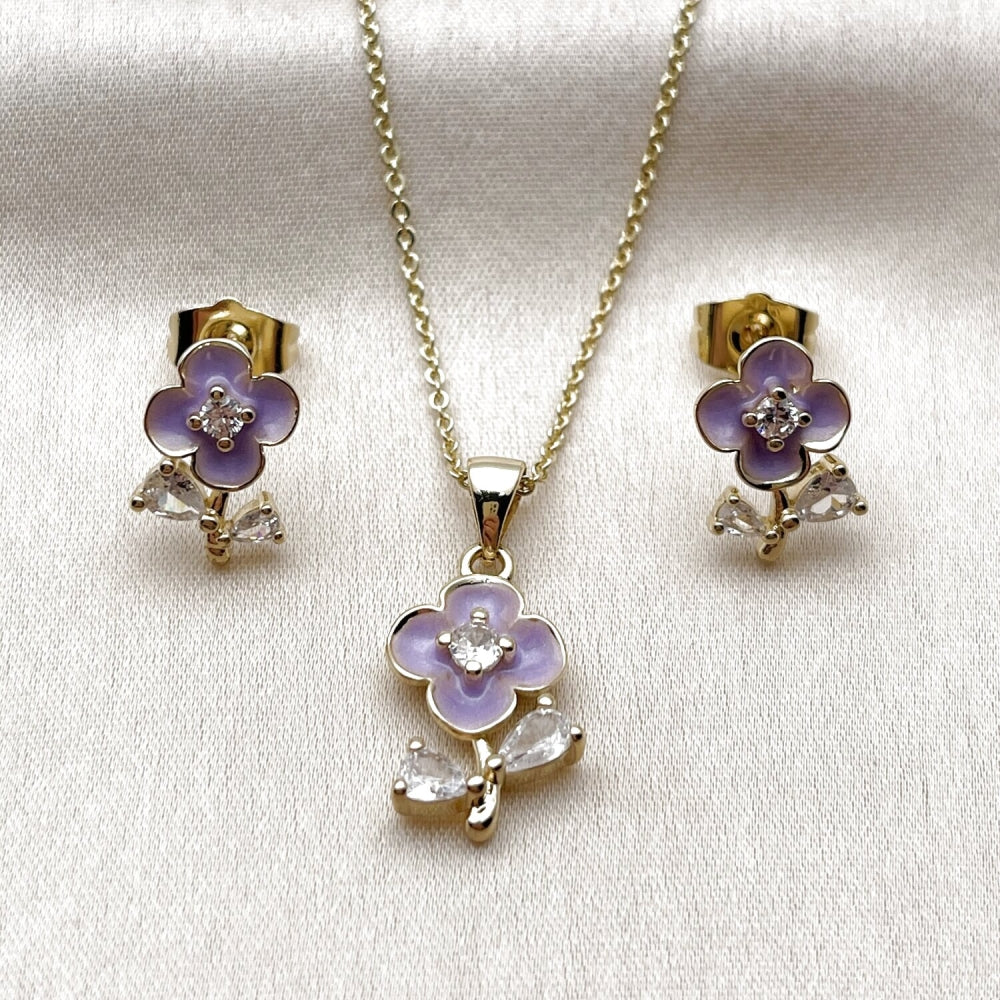 Oro Laminado Earring and Pendant Adult Set, Gold Filled Style Flower and Teardrop Design, with White Cubic Zirconia, Purple Enamel Finish, Golden Finish