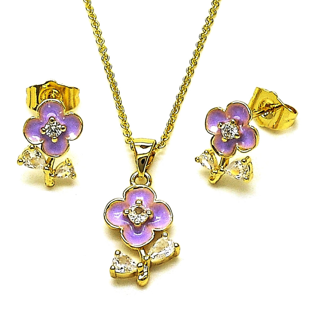 Oro Laminado Earring and Pendant Adult Set, Gold Filled Style Flower and Teardrop Design, with White Cubic Zirconia, Purple Enamel Finish, Golden Finish