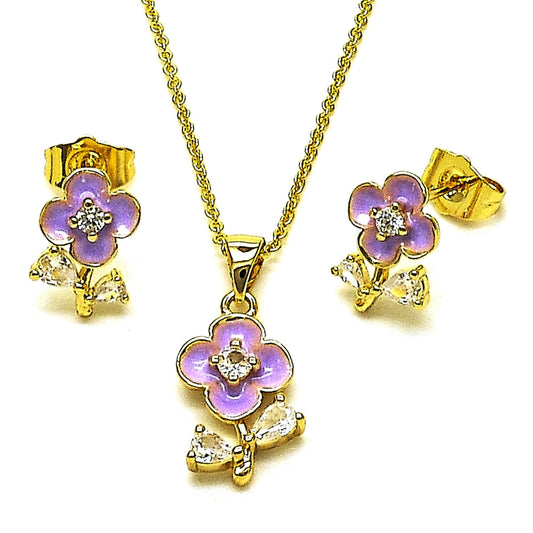 Oro Laminado Earring and Pendant Adult Set, Gold Filled Style Flower and Teardrop Design, with White Cubic Zirconia, Purple Enamel Finish, Golden Finish