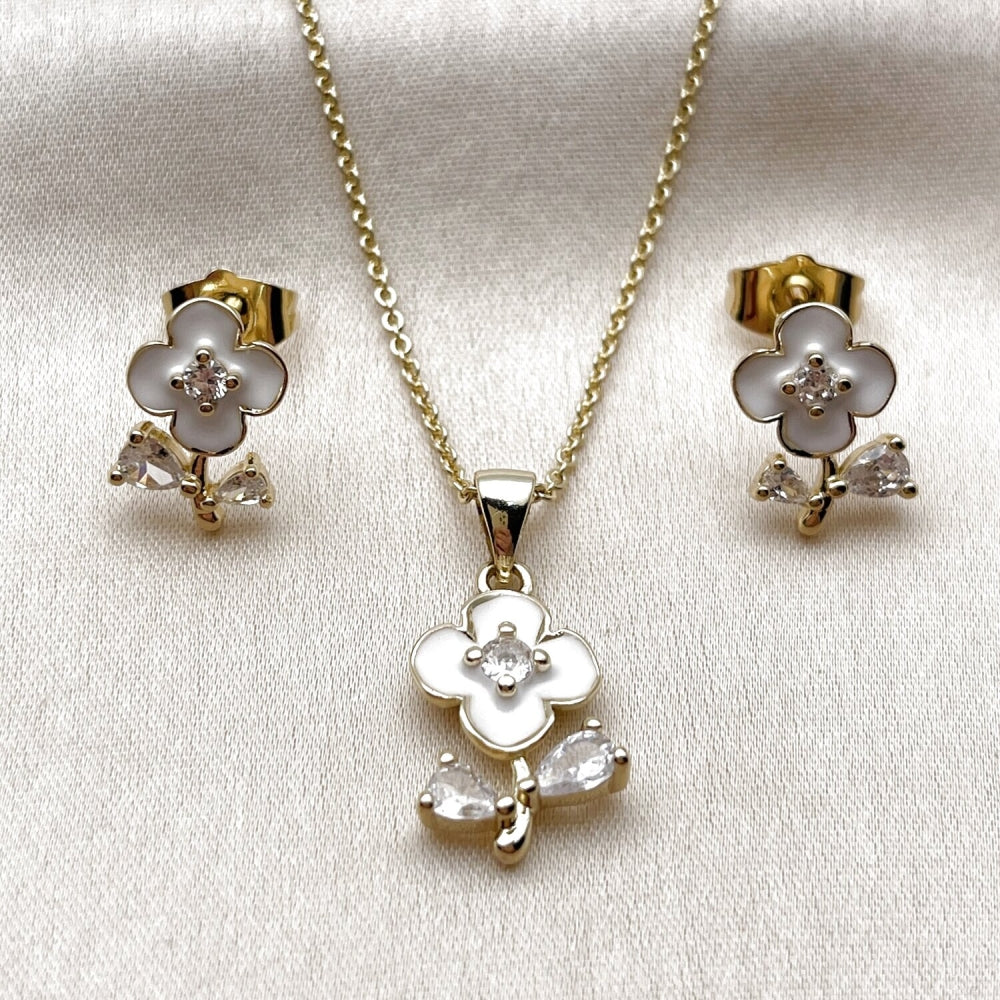 Oro Laminado Earring and Pendant Adult Set, Gold Filled Style Flower and Teardrop Design, with White Cubic Zirconia, White Enamel Finish, Golden Finish