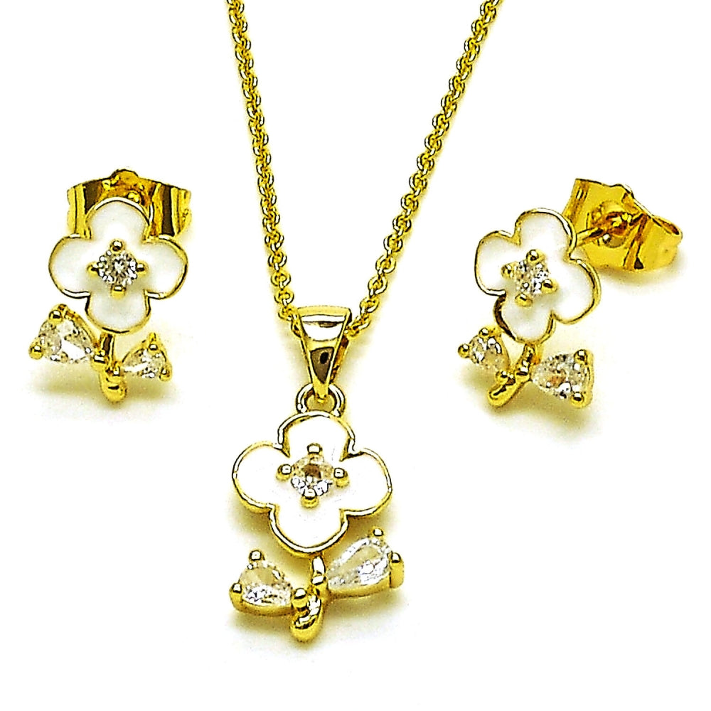 Oro Laminado Earring and Pendant Adult Set, Gold Filled Style Flower and Teardrop Design, with White Cubic Zirconia, White Enamel Finish, Golden Finish