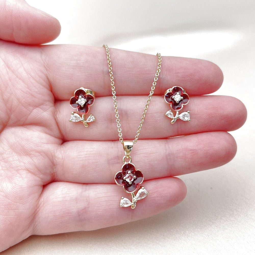 Oro Laminado Earring and Pendant Adult Set, Gold Filled Style Flower and Teardrop Design, with White Cubic Zirconia, Red Enamel Finish, Golden Finish