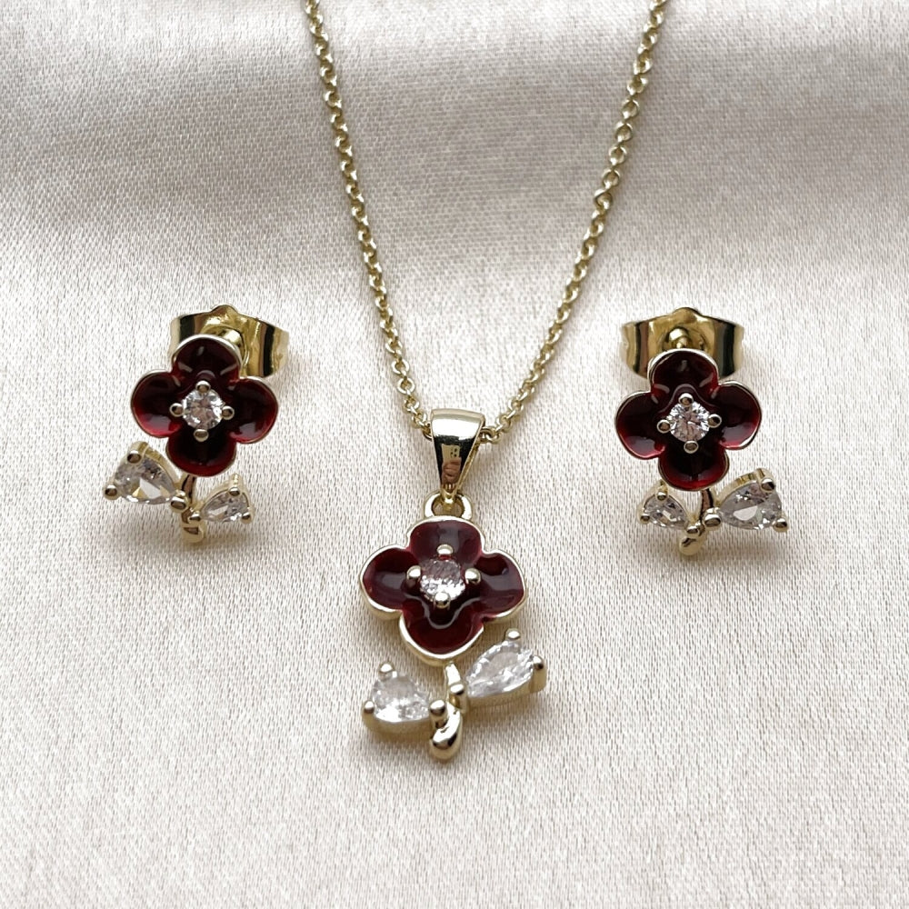 Oro Laminado Earring and Pendant Adult Set, Gold Filled Style Flower and Teardrop Design, with White Cubic Zirconia, Red Enamel Finish, Golden Finish