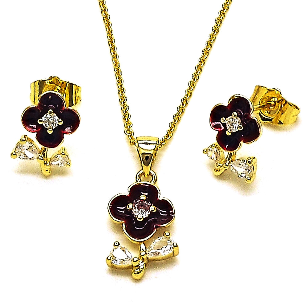 Oro Laminado Earring and Pendant Adult Set, Gold Filled Style Flower and Teardrop Design, with White Cubic Zirconia, Red Enamel Finish, Golden Finish