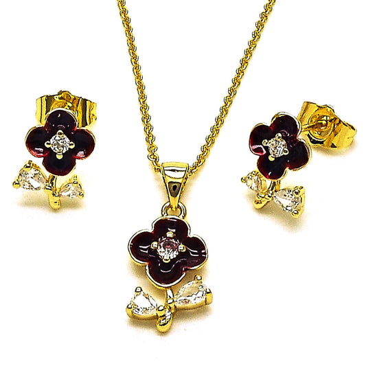 Oro Laminado Earring and Pendant Adult Set, Gold Filled Style Flower and Teardrop Design, with White Cubic Zirconia, Red Enamel Finish, Golden Finish