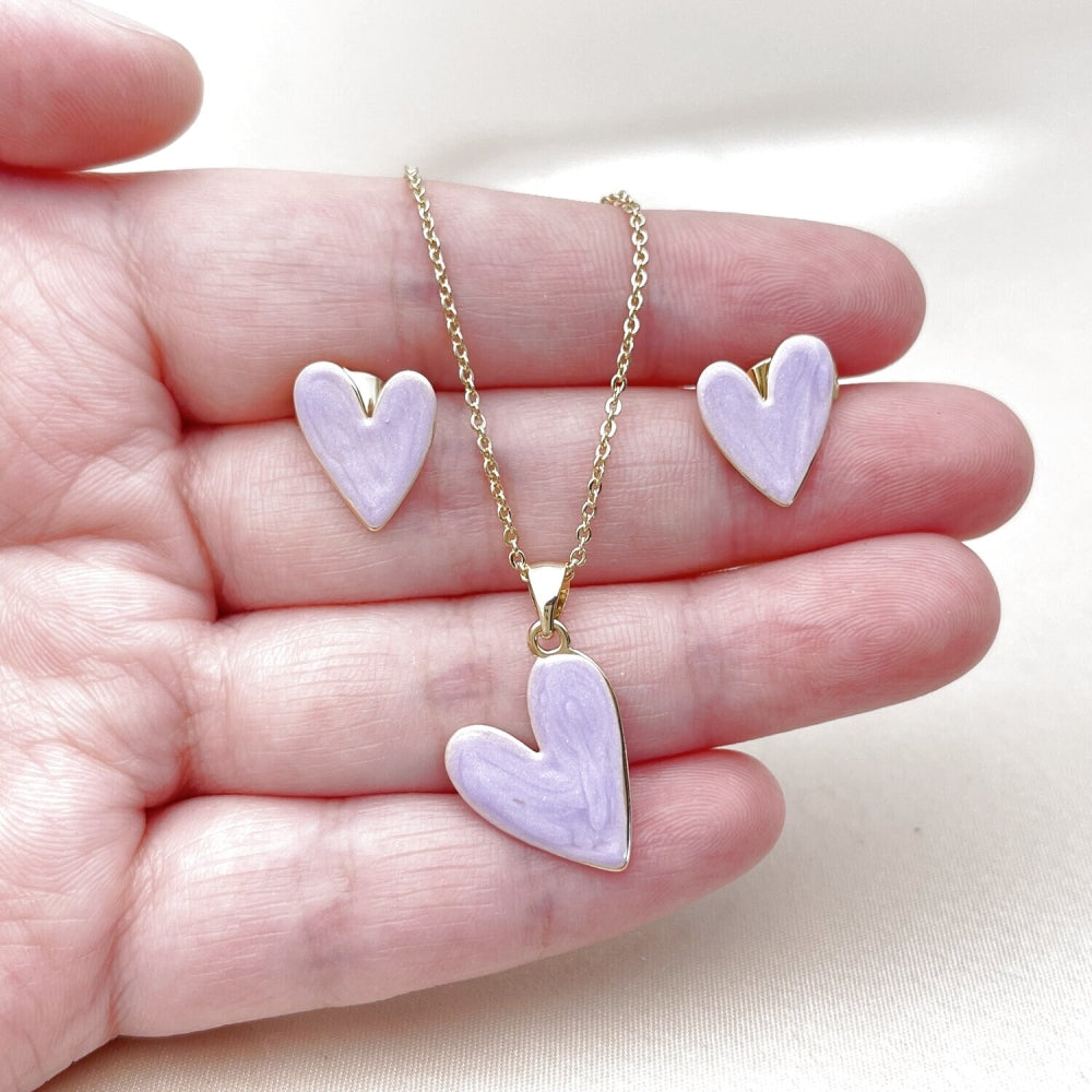 Oro Laminado Earring and Pendant Adult Set, Gold Filled Style Heart Design, Purple Enamel Finish, Golden Finish