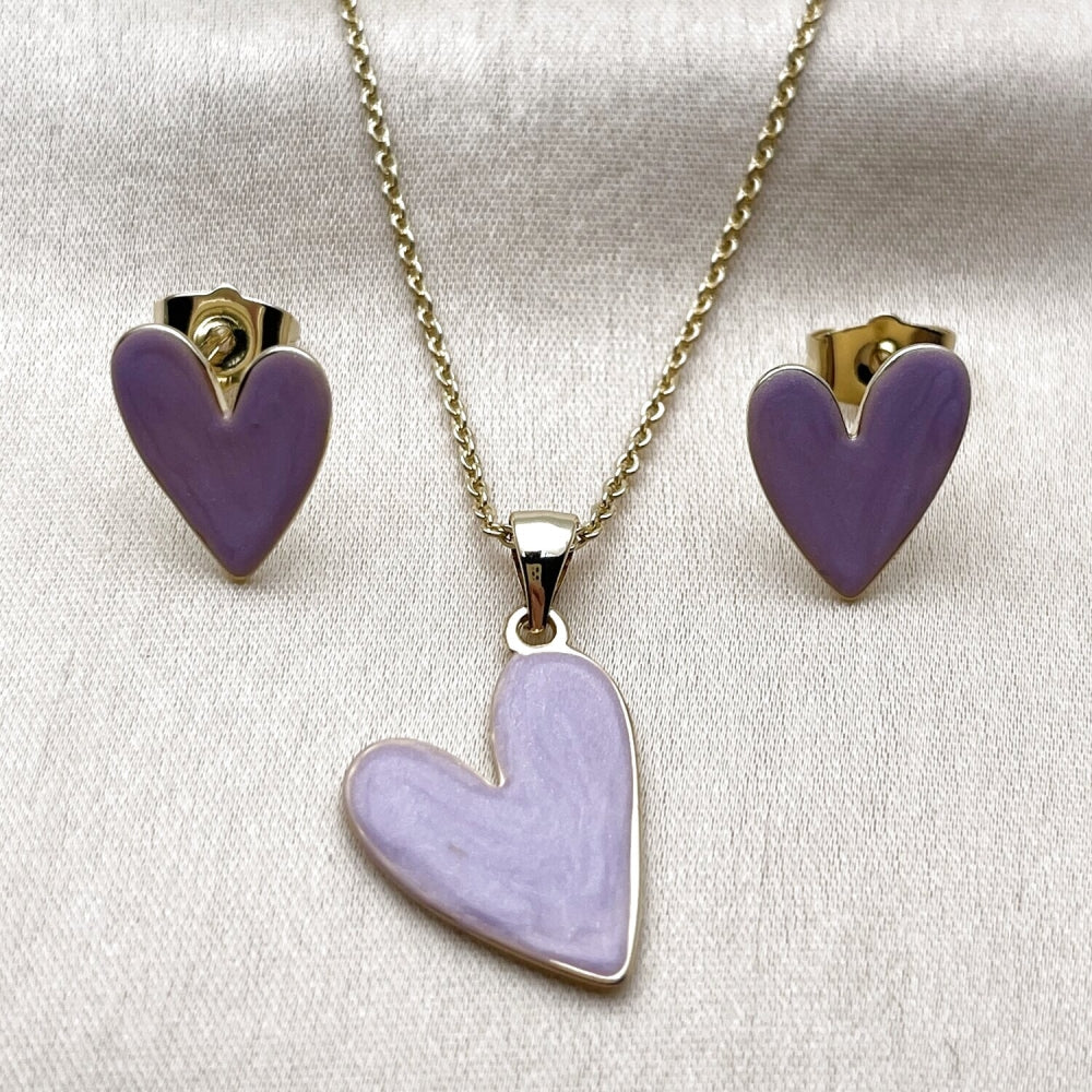 Oro Laminado Earring and Pendant Adult Set, Gold Filled Style Heart Design, Purple Enamel Finish, Golden Finish