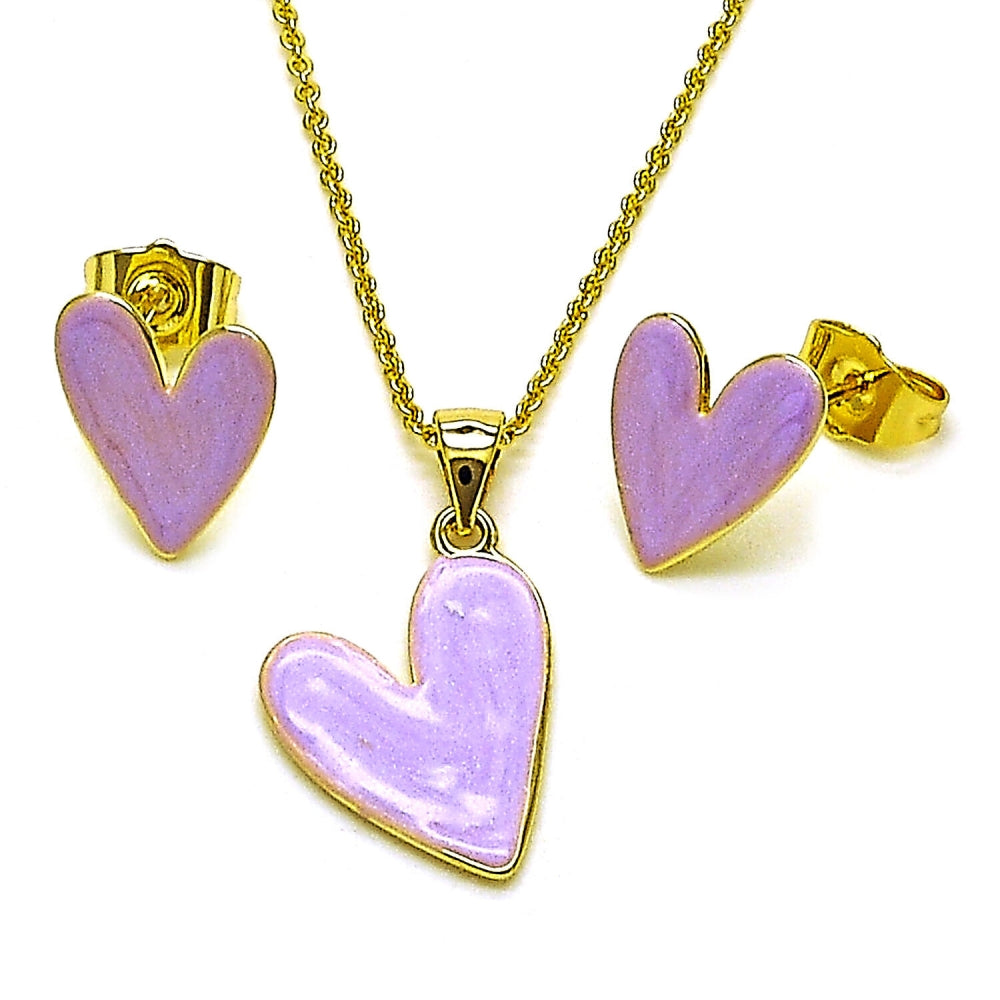 Oro Laminado Earring and Pendant Adult Set, Gold Filled Style Heart Design, Purple Enamel Finish, Golden Finish