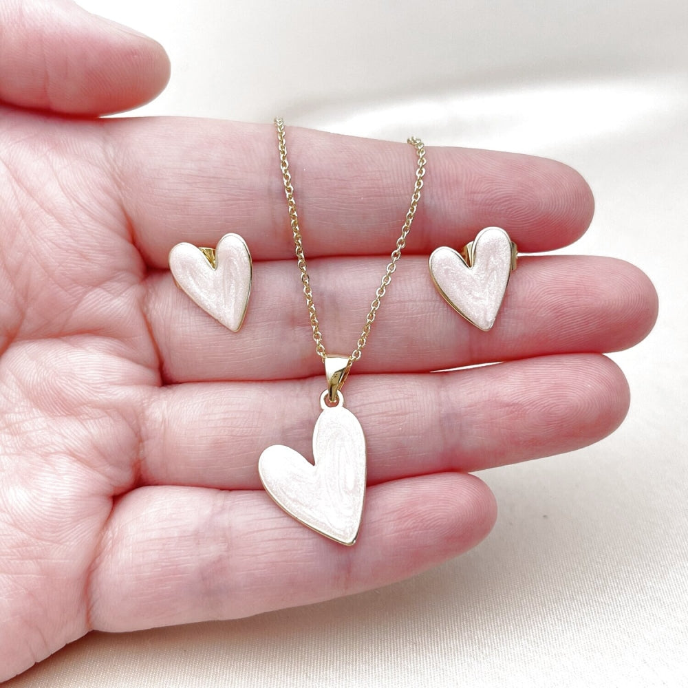 Oro Laminado Earring and Pendant Adult Set, Gold Filled Style Heart Design, Pink Enamel Finish, Golden Finish