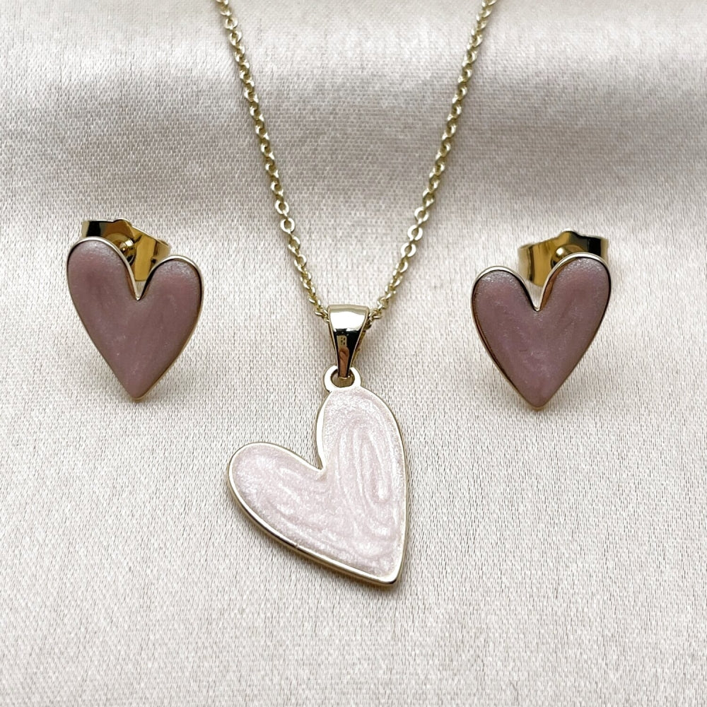 Oro Laminado Earring and Pendant Adult Set, Gold Filled Style Heart Design, Pink Enamel Finish, Golden Finish
