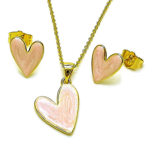 Oro Laminado Earring and Pendant Adult Set, Gold Filled Style Heart Design, Pink Enamel Finish, Golden Finish
