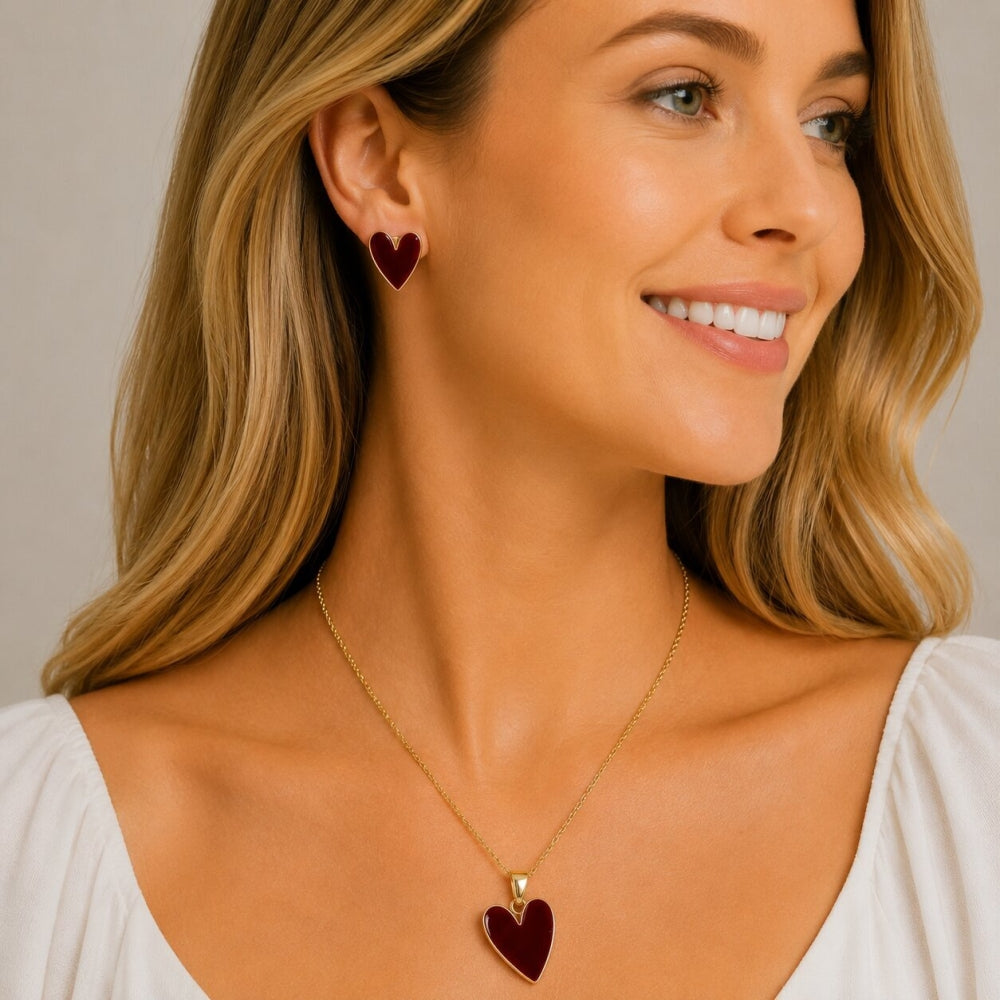 Oro Laminado Earring and Pendant Adult Set, Gold Filled Style Heart Design, Red Enamel Finish, Golden Finish