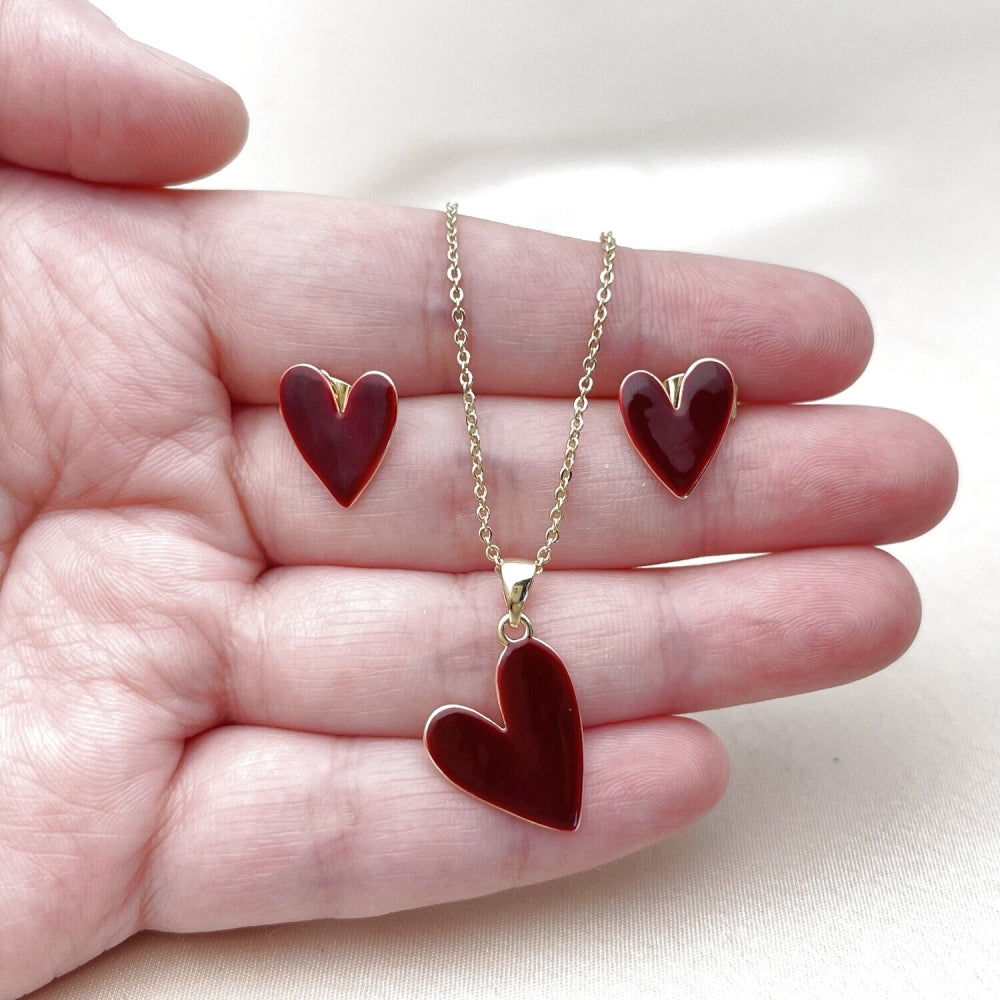 Oro Laminado Earring and Pendant Adult Set, Gold Filled Style Heart Design, Red Enamel Finish, Golden Finish