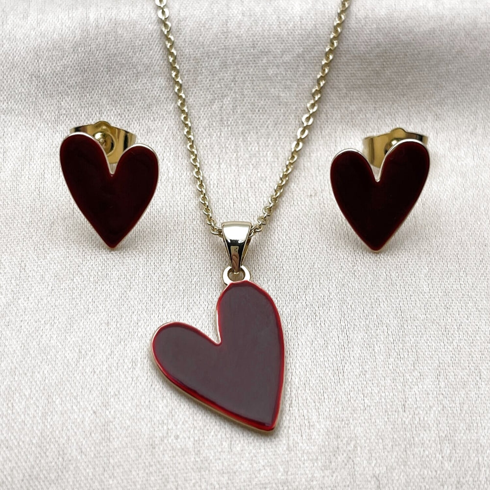 Oro Laminado Earring and Pendant Adult Set, Gold Filled Style Heart Design, Red Enamel Finish, Golden Finish