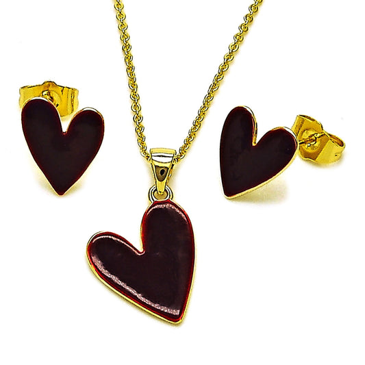 Oro Laminado Earring and Pendant Adult Set, Gold Filled Style Heart Design, Red Enamel Finish, Golden Finish