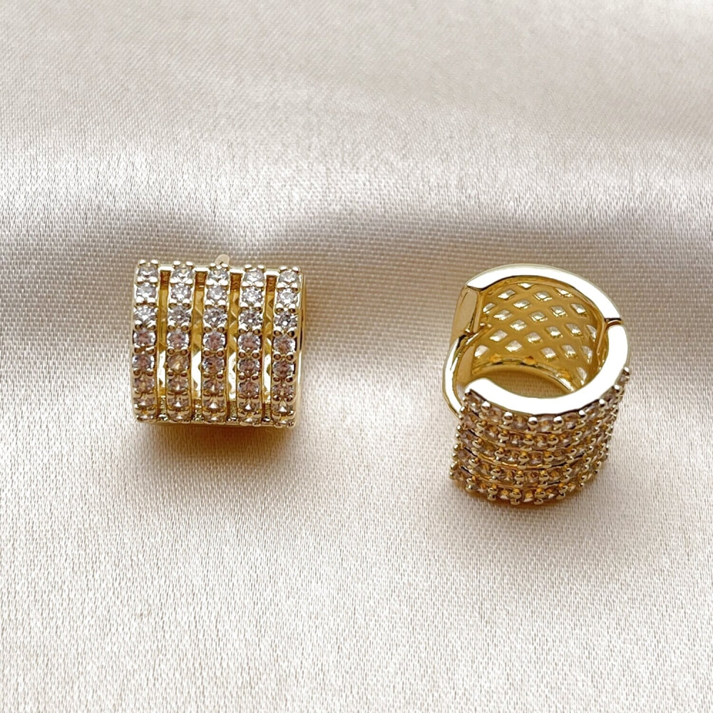 Oro Laminado Huggie Hoop, Gold Filled Style with White Cubic Zirconia, Polished, Golden Finish