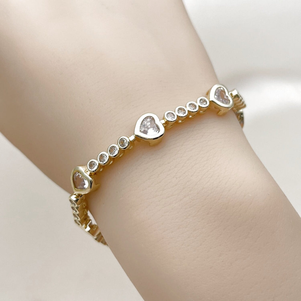 Oro Laminado Tennis Bracelet, Gold Filled Style Heart Design, with White Cubic Zirconia, Polished, Golden Finish