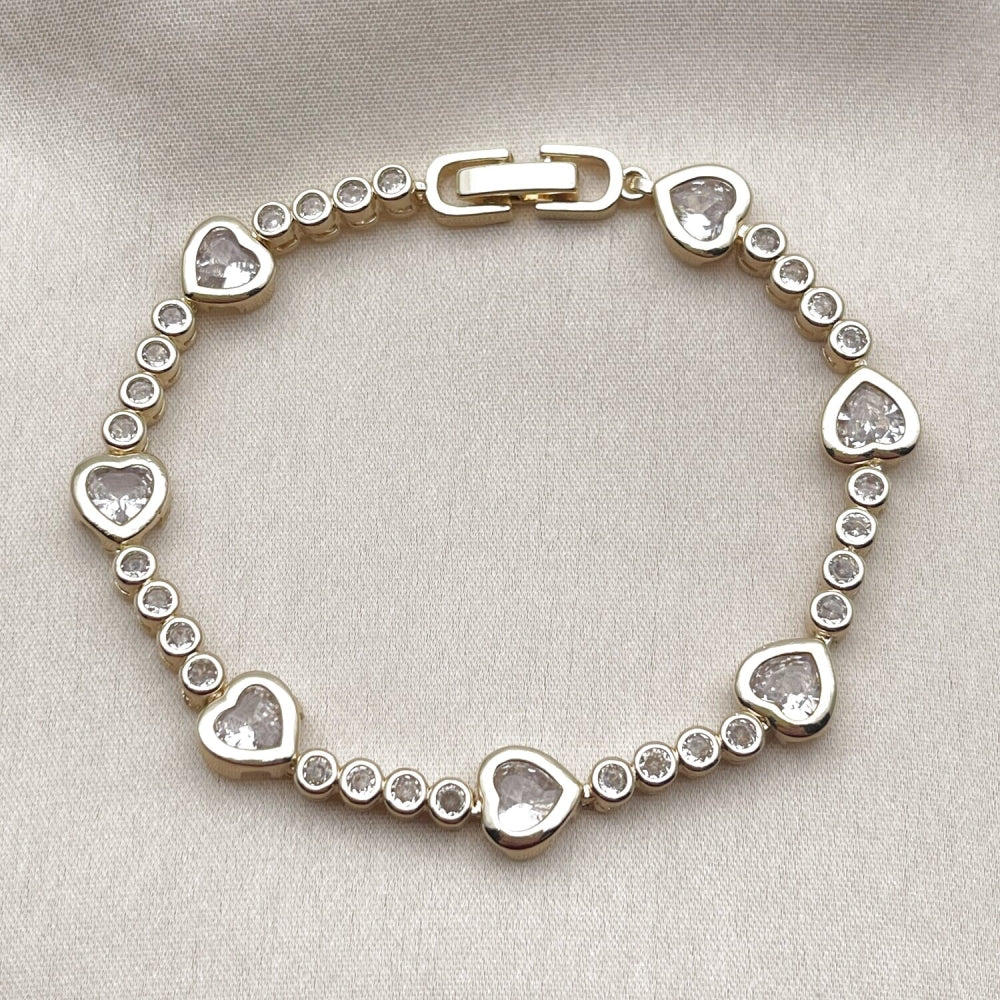 Oro Laminado Tennis Bracelet, Gold Filled Style Heart Design, with White Cubic Zirconia, Polished, Golden Finish