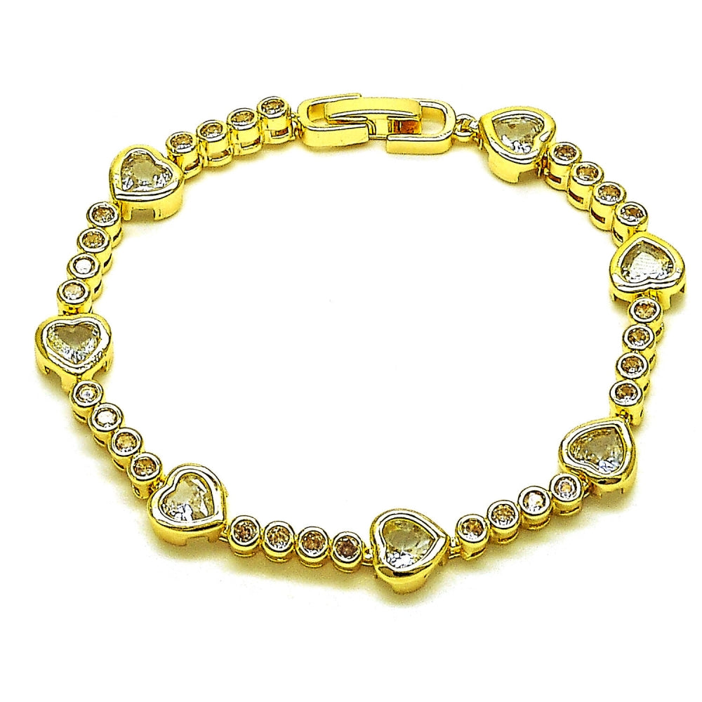 Oro Laminado Tennis Bracelet, Gold Filled Style Heart Design, with White Cubic Zirconia, Polished, Golden Finish