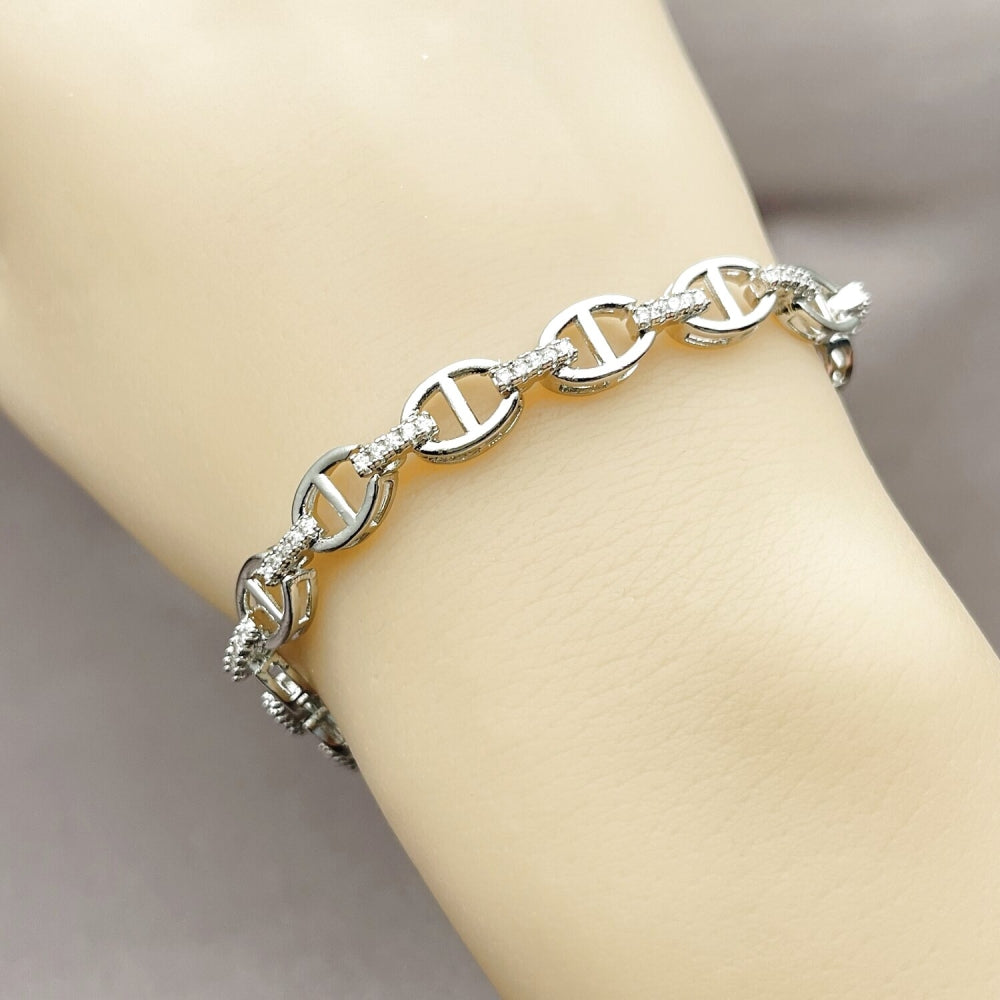 Rhodium Gold Filled Fancy Bracelet, Puff Mariner Design, with White Micro Pave, Polished, Rhodium Finish