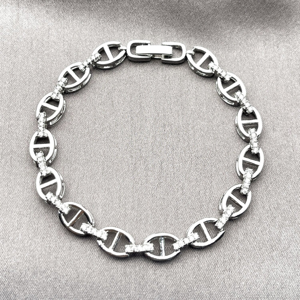 Rhodium Gold Filled Fancy Bracelet, Puff Mariner Design, with White Micro Pave, Polished, Rhodium Finish