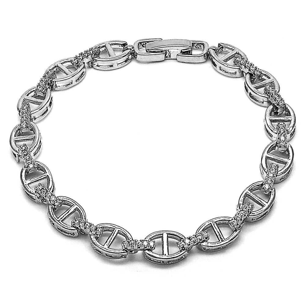 Rhodium Gold Filled Fancy Bracelet, Puff Mariner Design, with White Micro Pave, Polished, Rhodium Finish