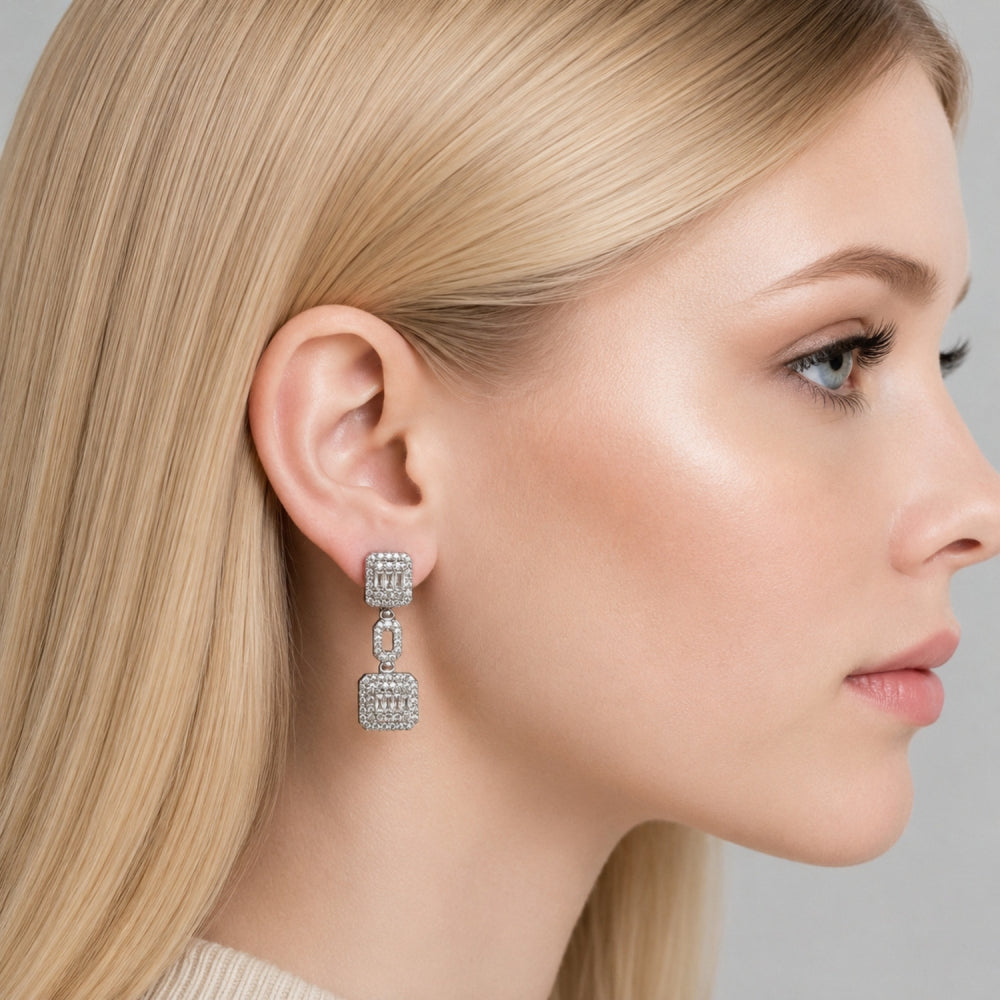 Rhodium Gold Filled Long Earring, Cluster and Baguette Design, with White Cubic Zirconia and White Micro Pave, Polished, Rhodium Finish