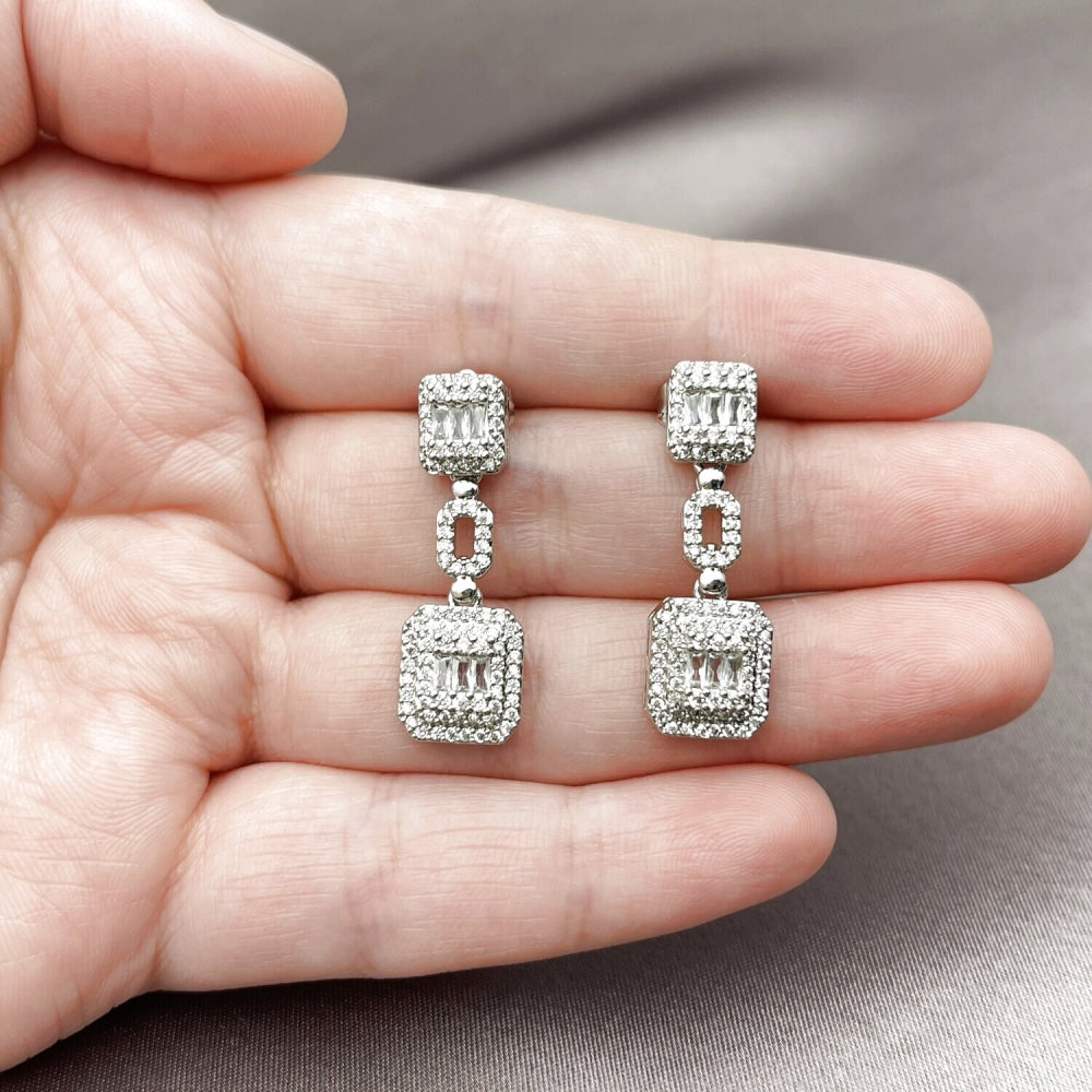 Rhodium Gold Filled Long Earring, Cluster and Baguette Design, with White Cubic Zirconia and White Micro Pave, Polished, Rhodium Finish