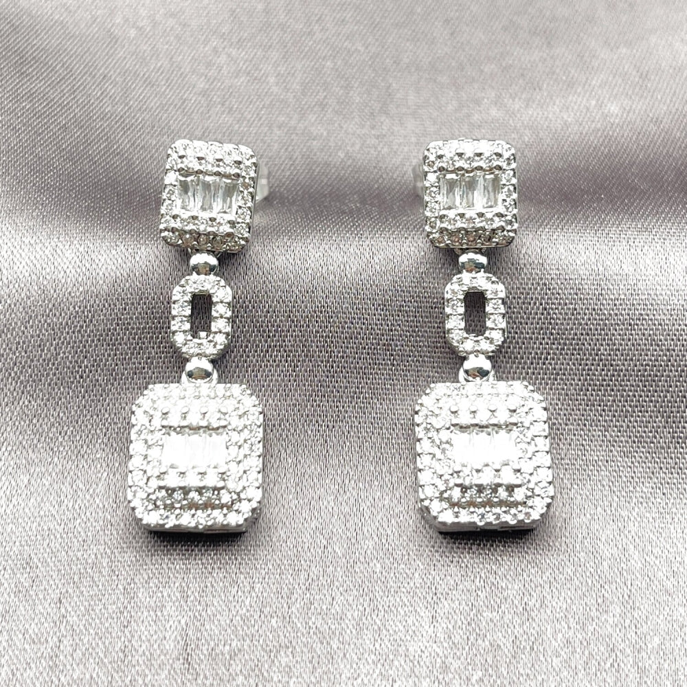 Rhodium Gold Filled Long Earring, Cluster and Baguette Design, with White Cubic Zirconia and White Micro Pave, Polished, Rhodium Finish