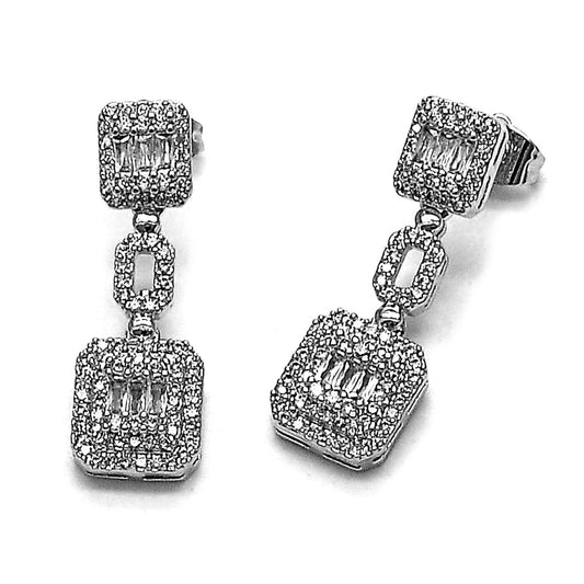Rhodium Gold Filled Long Earring, Cluster and Baguette Design, with White Cubic Zirconia and White Micro Pave, Polished, Rhodium Finish
