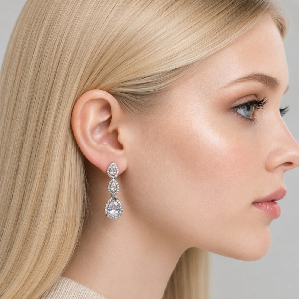 Rhodium Gold Filled Long Earring, Teardrop and Cluster Design, with White Cubic Zirconia and White Micro Pave, Polished, Rhodium Finish