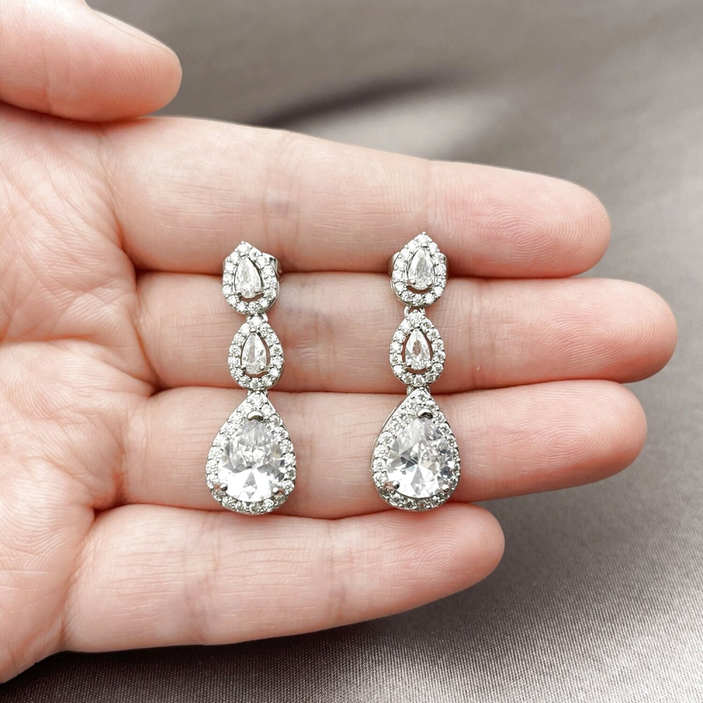 Rhodium Gold Filled Long Earring, Teardrop and Cluster Design, with White Cubic Zirconia and White Micro Pave, Polished, Rhodium Finish