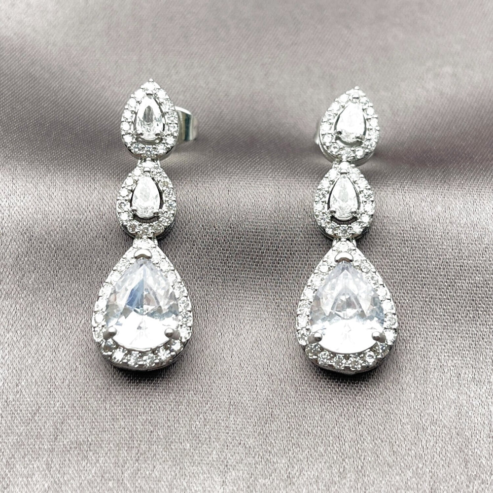 Rhodium Gold Filled Long Earring, Teardrop and Cluster Design, with White Cubic Zirconia and White Micro Pave, Polished, Rhodium Finish