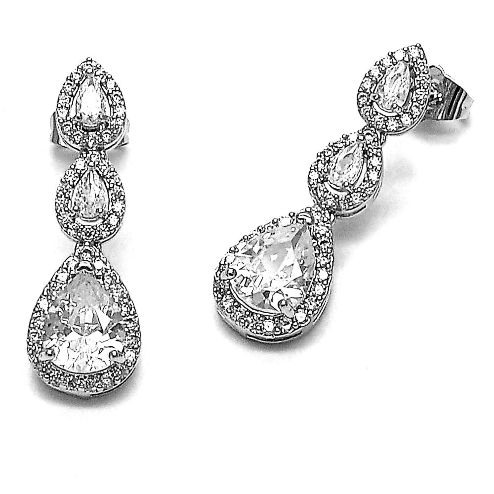 Rhodium Gold Filled Long Earring, Teardrop and Cluster Design, with White Cubic Zirconia and White Micro Pave, Polished, Rhodium Finish
