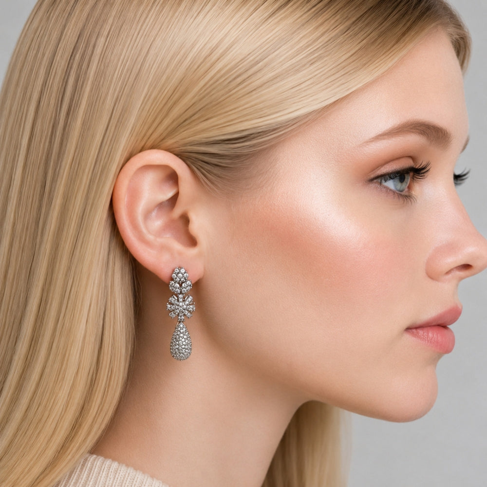 Rhodium Gold Filled Long Earring, Flower and Teardrop Design, with White Cubic Zirconia and White Micro Pave, Polished, Rhodium Finish