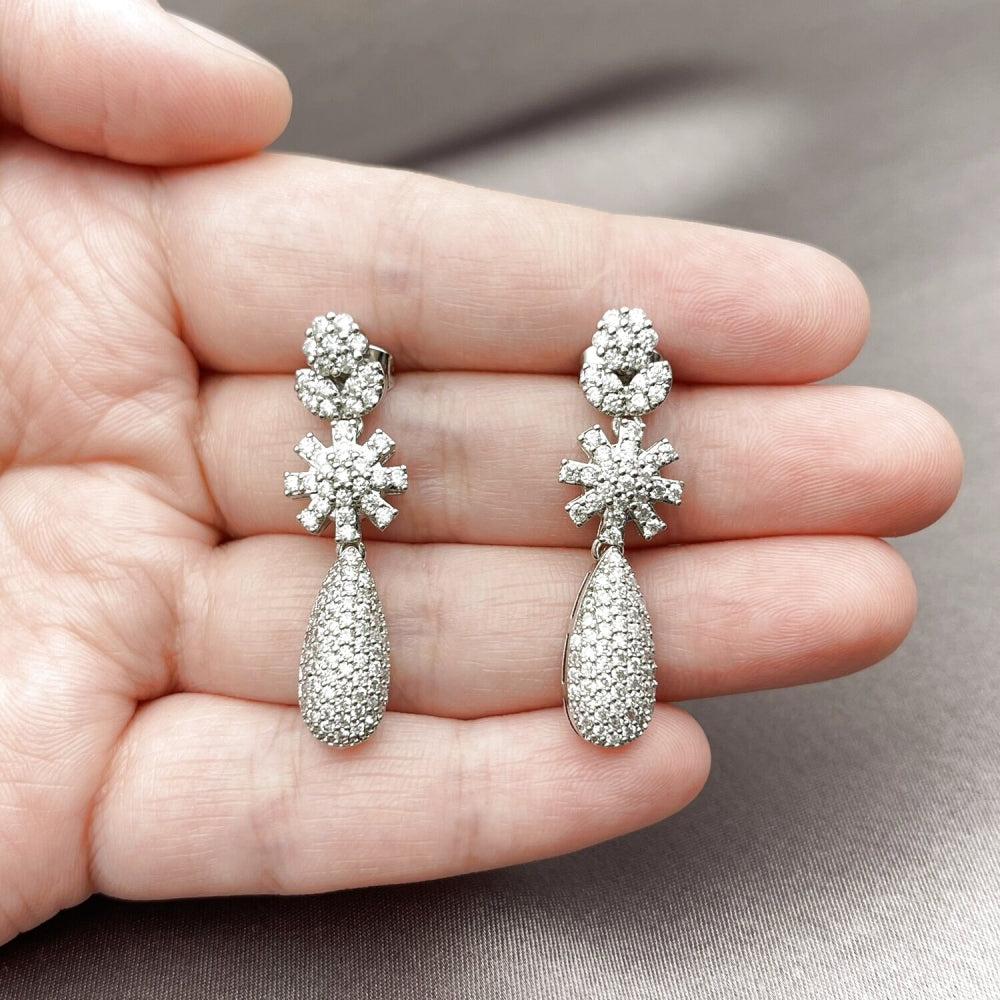 Rhodium Gold Filled Long Earring, Flower and Teardrop Design, with White Cubic Zirconia and White Micro Pave, Polished, Rhodium Finish