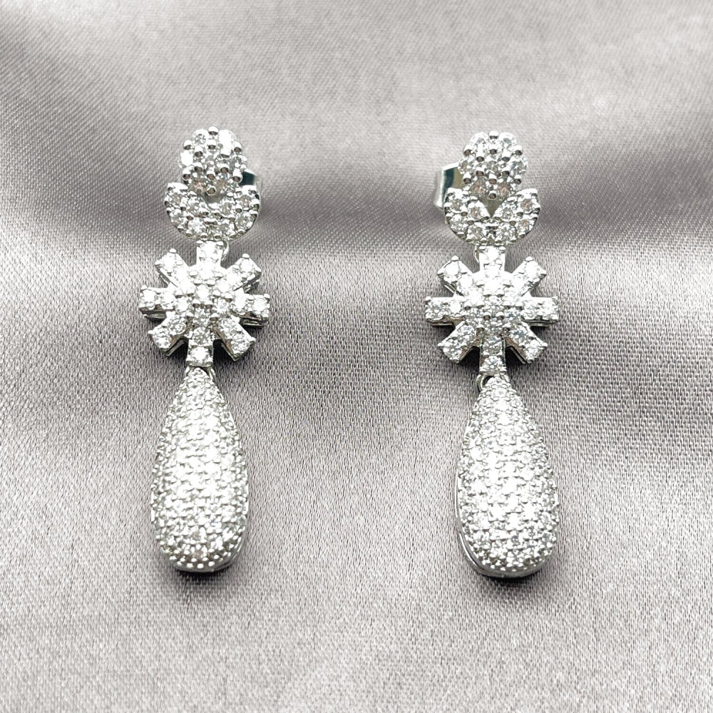 Rhodium Gold Filled Long Earring, Flower and Teardrop Design, with White Cubic Zirconia and White Micro Pave, Polished, Rhodium Finish