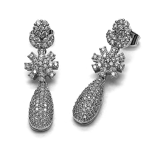 Rhodium Gold Filled Long Earring, Flower and Teardrop Design, with White Cubic Zirconia and White Micro Pave, Polished, Rhodium Finish