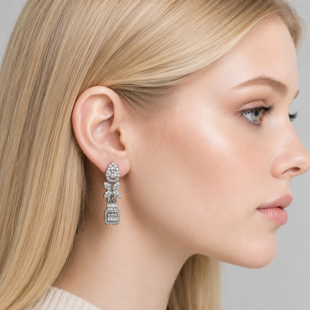 Rhodium Gold Filled Long Earring, Flower and Cluster Design, with White Cubic Zirconia and White Micro Pave, Polished, Rhodium Finish