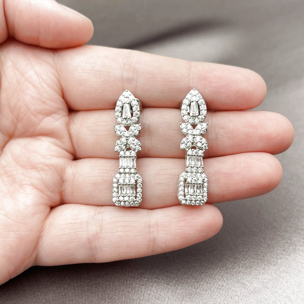 Rhodium Gold Filled Long Earring, Flower and Cluster Design, with White Cubic Zirconia and White Micro Pave, Polished, Rhodium Finish
