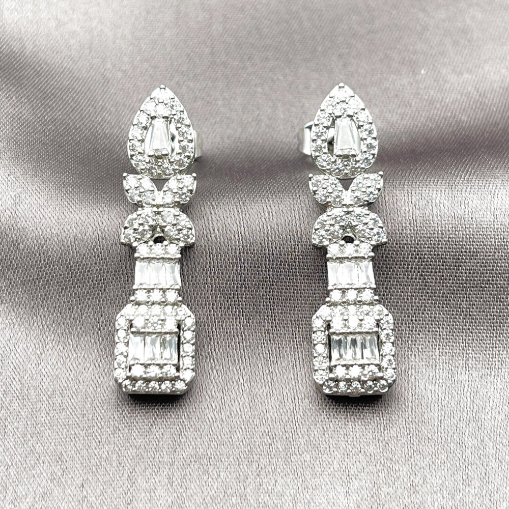 Rhodium Gold Filled Long Earring, Flower and Cluster Design, with White Cubic Zirconia and White Micro Pave, Polished, Rhodium Finish