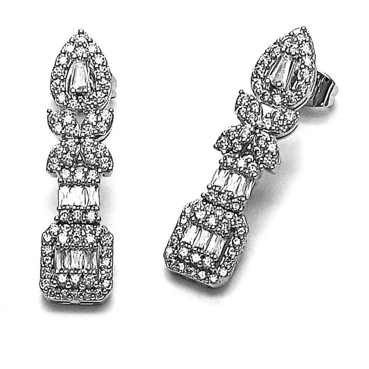 Rhodium Gold Filled Long Earring, Flower and Cluster Design, with White Cubic Zirconia and White Micro Pave, Polished, Rhodium Finish